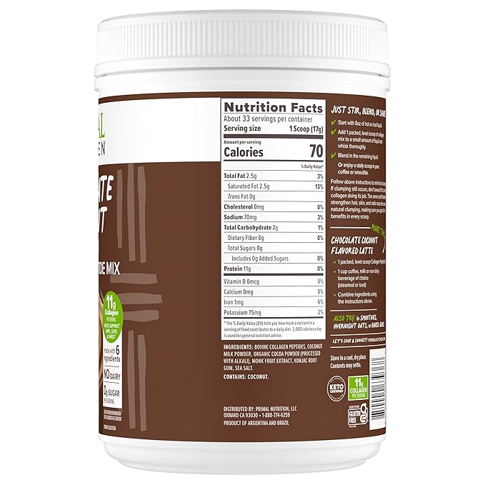 Primal Kitchen Chocolate Collagen Fuel® Drink Mix, Chocolate Coconut Collagen Peptides, No Dairy or