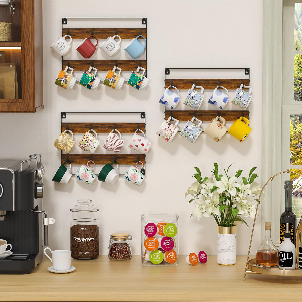 Rustic Wood Coffee Mug Rack - Wall Mount Cup Holder Shelf Storage for Kitchen, Home, Bar, Office (4
