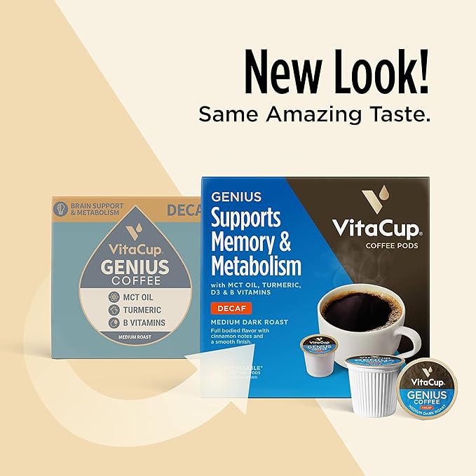 VitaCup Decaf Genius Keto Coffee Pods with MCT Oil, Turmeric, and Vitamins B1, B5, B6, B9, B12, D3