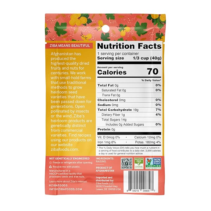 Ziba Foods Kishmish Raisins | Non-GMO, Vegan, Whole 30 Friendly & Paleo | Superfood Naturally High