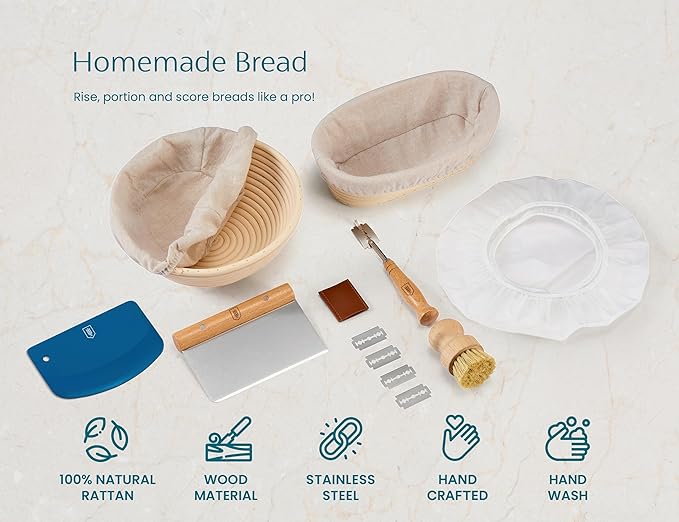 Bread Proofing Set, by Kook, Sourdough Bread, Rattan Baskets and Liners, 1 Round and 1 Oval