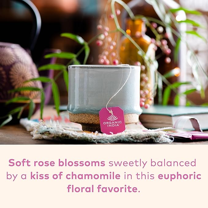 Organic India Tulsi Sweet Rose Herbal Tea - Holy Basil Leaf, African Basil, Chamomilie, Lemon