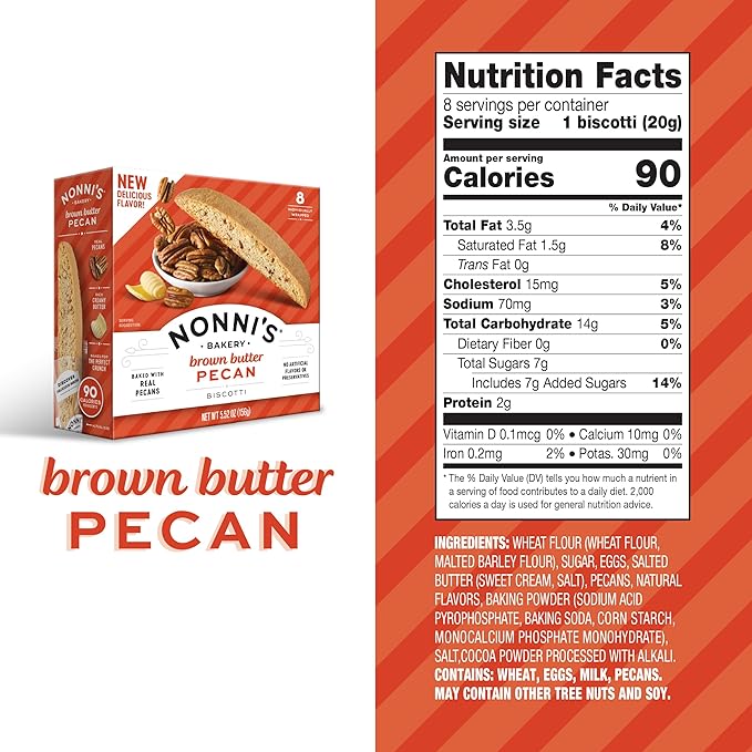 Nonni's Brown Butter Pecan Biscotti, Nutty Pecan Cookie with Rich Browned Butter Flavor, 8