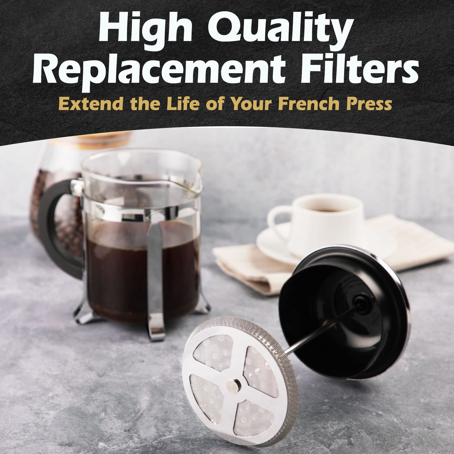 Gold Lion Gear French Press Replacement Filter (2pack) - Includes Metal Center Ring - Universal