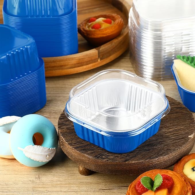 Aoriher 150 Pieces 10 oz Mini Cake Pans with Lids Aluminum Foil Baking Cups Square Disposable 4" x