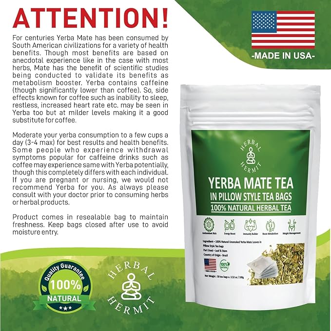 Herbal Hermit Yerba Mate herbal-teas with 50 tea bags Natural Yerba Matte Rich in Chlorophyll, Made