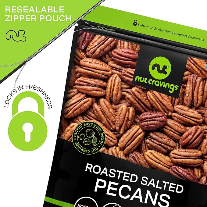 NUT CRAVINGS - Pecans Halves, Roasted & Salted, No Shell (16oz - 1 LB) Bulk Nuts Packed Fresh in