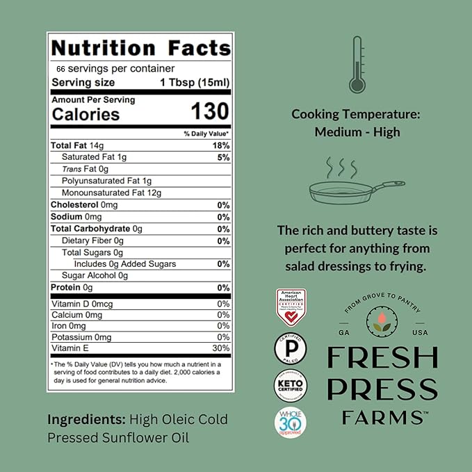 Fresh Press Farms Cold Pressed Extra Virgin Sunflower Oil, 33.8 Fl Oz, High Oleic, Georgia Grown