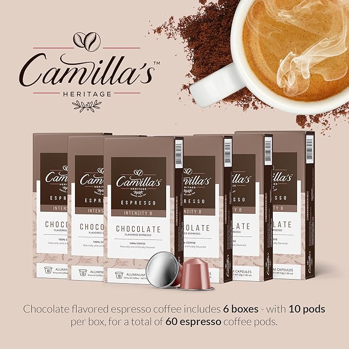 Camilla’s Heritage - Intensity 8 Chocolate Flavored Espresso Coffee, Gourmet Espresso Cups, 60