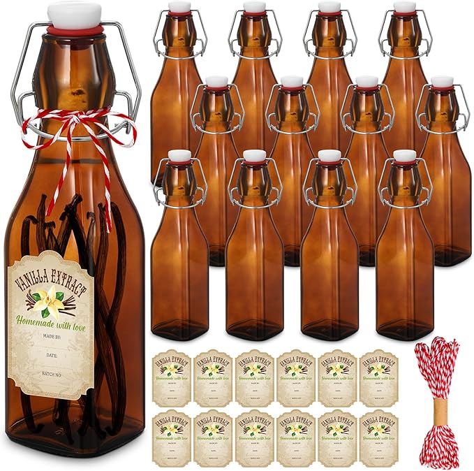 Uiifan 12 Pcs 8 oz Swing Top brown Square Glass Bottles for Vanilla Extract with Caps and Cotton