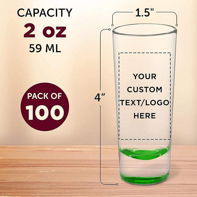Custom Cordial Shooter Shot Glasses 2 oz. Set of 100, Personalized Bulk Pack - Great for Birthdays
