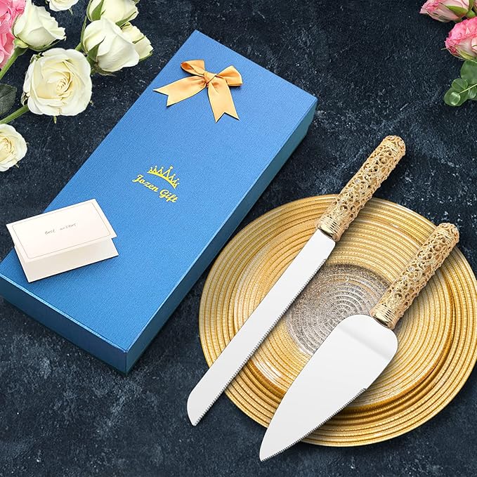 Gold Cake Knife and Server Set - 2 Piece Dessert Set Metal Handle with Crystal Stones Decoration