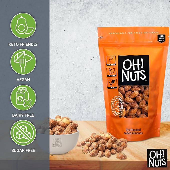 Oh! Nuts Almonds - Dry Roasted Salted - 1 lb - Freshly Oven Roasted and Salted Almonds - Packed in