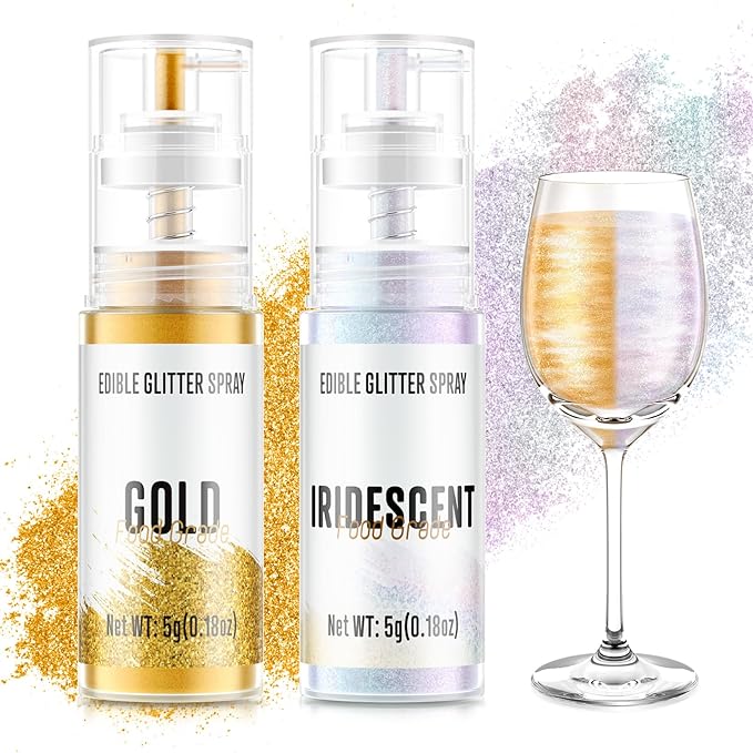 Edible Glitter Spray,2 Colors Gold & Iridescent Food Grade Edible Glitter Set for Drink Cake