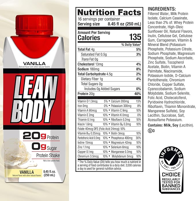 Lean Body Ready-to-Drink Vanilla Protein Shake, 20g Protein, Whey Blend, 0 Sugar, Gluten Free, 22