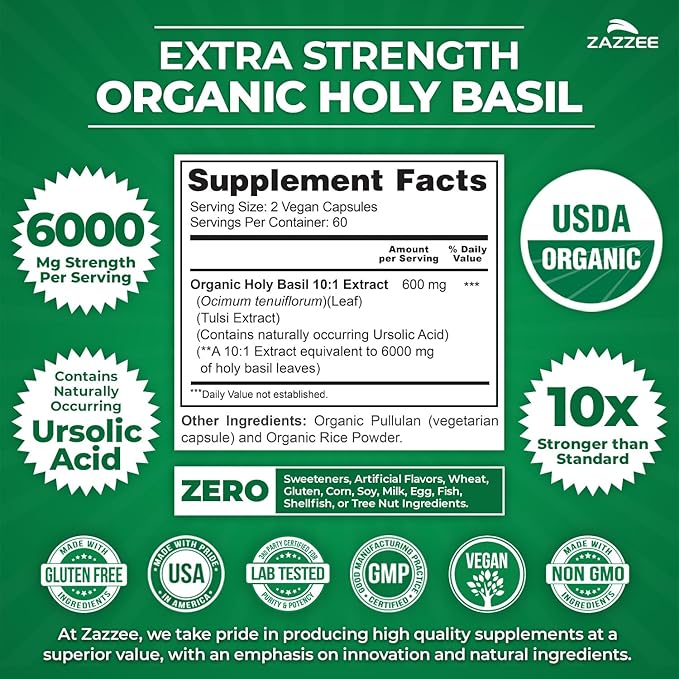 Zazzee USDA Organic Holy Basil 10:1 Extract, 6000 mg Strength, 120 Vegan Capsules, Concentrated and