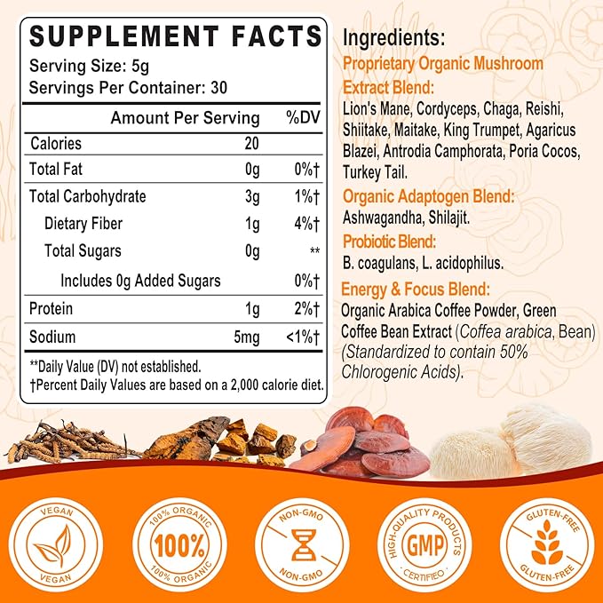 Mushroom Coffee - Mushroom Coffee Organic with 11 Superfood Mushrooms, Includes Lion's Mane