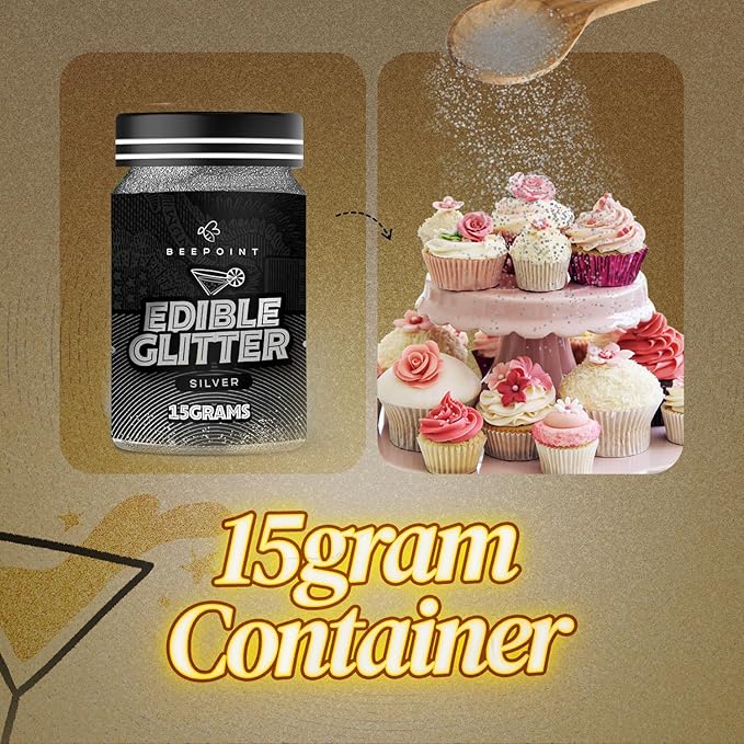 BeePoint Silver Edible Glitter for Drinks 15g - Food Grade, Vibrant Color Shimmer Powdered Dust for