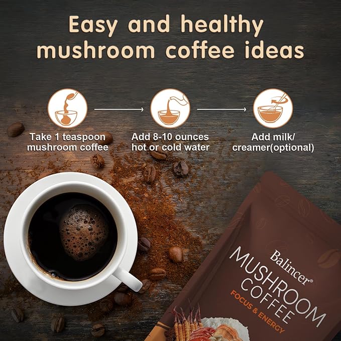Mushroom Coffee, 6 Adaptogenic Mushrooms with Lion's Mane, Cordyceps, Turkey Tail & More, Instant