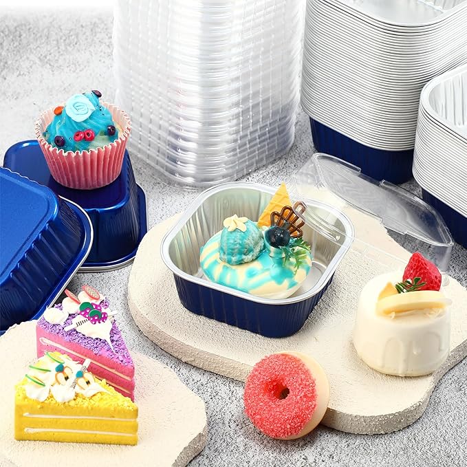 Aoriher 150 Pieces 10 oz Mini Cake Pans with Lids Aluminum Foil Baking Cups Square Disposable 4" x