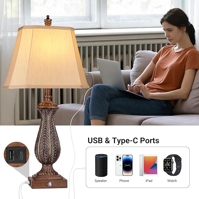3-Way Dimmable Table Lamps for Bedrooms Set of 2, 30" H Touch Lamps for Living Room with USB &
