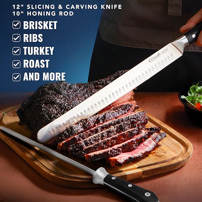 Cutluxe BBQ Knife Carving Set – 12" Brisket Knife & 10" Honing Rod, Butcher Knife Set for Meat