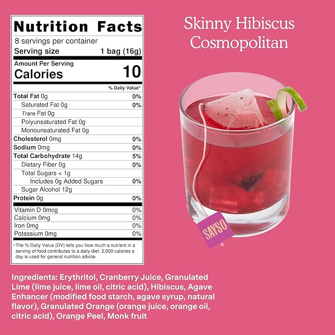 SAYSO: Skinny Hibiscus Cosmo Craft Cocktail Tea Bag | Enjoy an Instant Cosmopolitan or Mocktail in