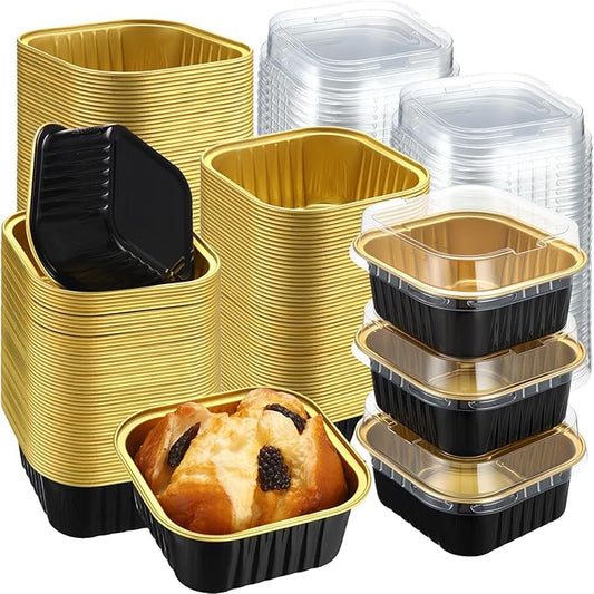 200 Pack 5 oz Square Baking Cups with Lids Aluminum Foil Mini Cake Pans with Lids Disposable