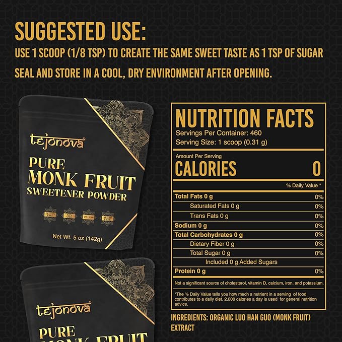 tejonova Monk Fruit Sweetener, 5 oz, Monk Fruit Extract Powder, Monkfruit Sweetener Pure Flavor