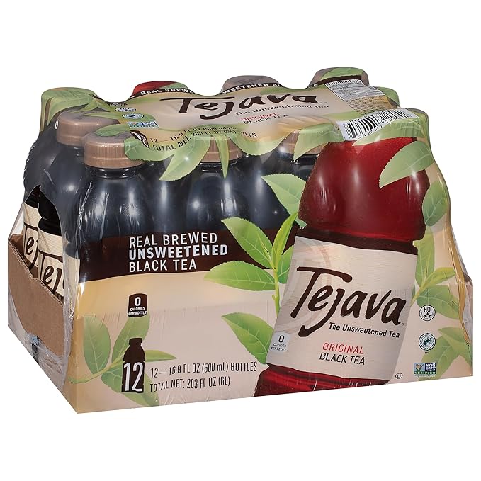 Tejava Original Unsweetened Black Iced Tea, 12 Pack, 16.9oz PET Bottles, Non-GMO, Kosher, No Sugar