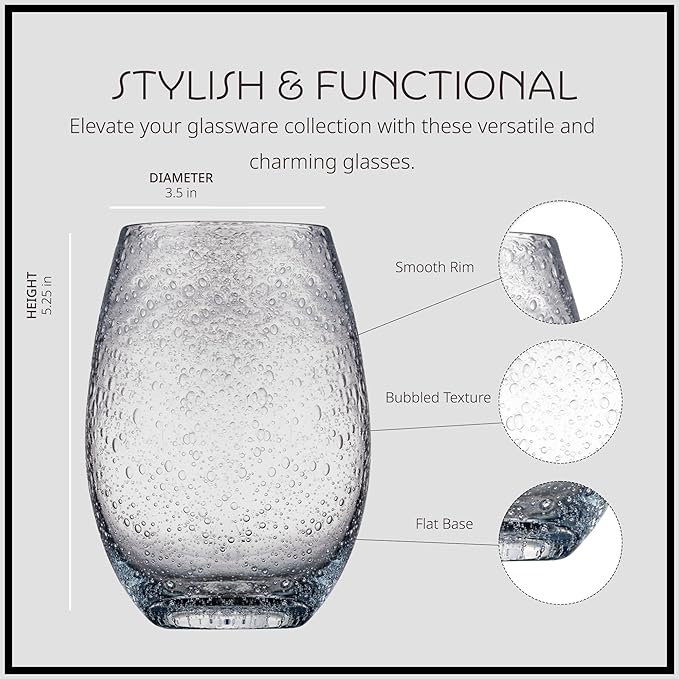 Artland Stemless Wine Glass, Set of 4 | Iris Seeded Design, Clear | Drinking Glass for Parties and
