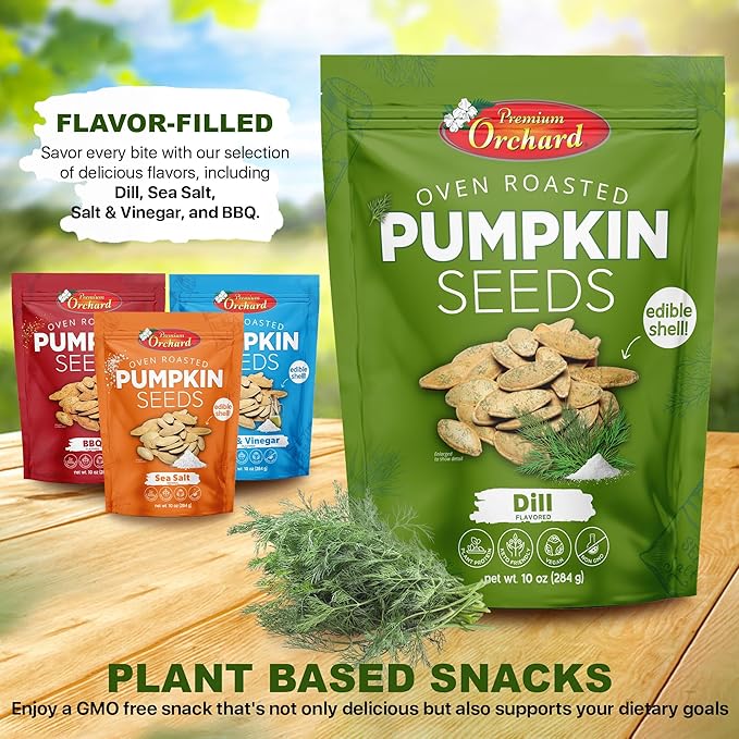PREMIUM ORCHARD Flavored Pumpkin Seeds Oven Roasted | Dill Flavor | High Protein Snacks for Kids