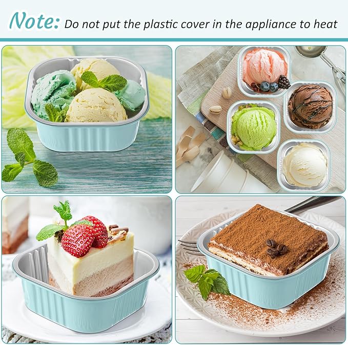 Aoriher 150 Pieces 10 oz Mini Cake Pans with Lids Aluminum Foil Baking Cups Square Disposable 4" x