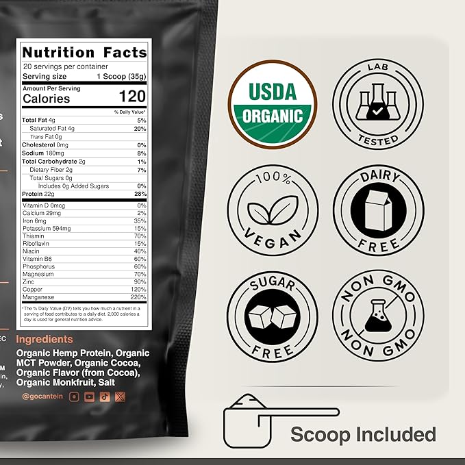 Organic Hemp Protein Powder, Plant Based and Vegan Protein Shake, Lactose and Dairy Free, Gluten