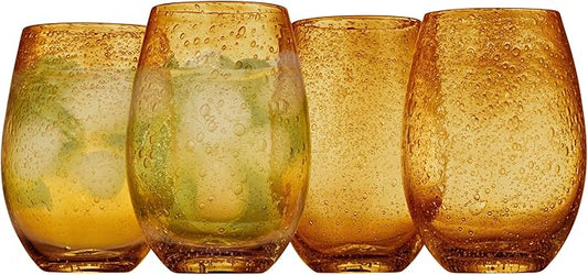 Artland Stemless Wine Glass, Set of 4 | Iris Seeded Design, Amber | Drinking Glass for Parties and