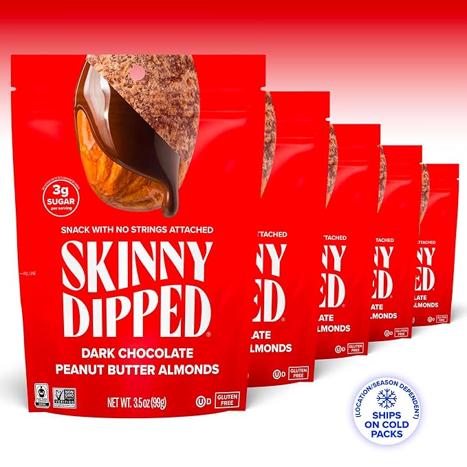 SkinnyDipped Dark Chocolate Peanut Butter Almonds, Healthy Snack, Plant Protein, Gluten Free, 3.5