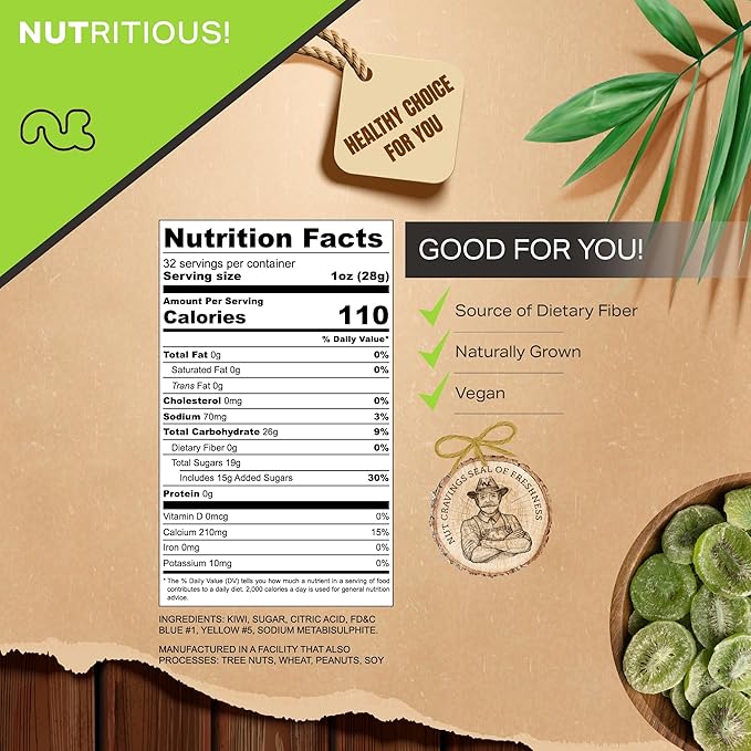 NUT CRAVINGS - Sun Dried Kiwi Slices, Lightly Sweetened (32oz, 2 LB) Bulk Dry Fruits Packed Fresh