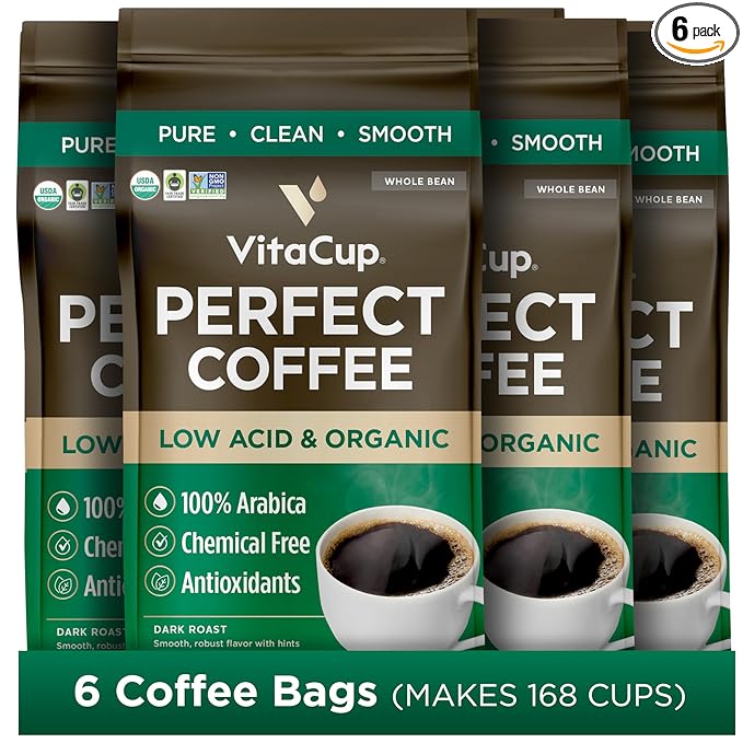 VitaCup Perfect Low Acid Coffee Beans, USDA Organic & Fair Trade, Mycotoxin Free, Dark Roast