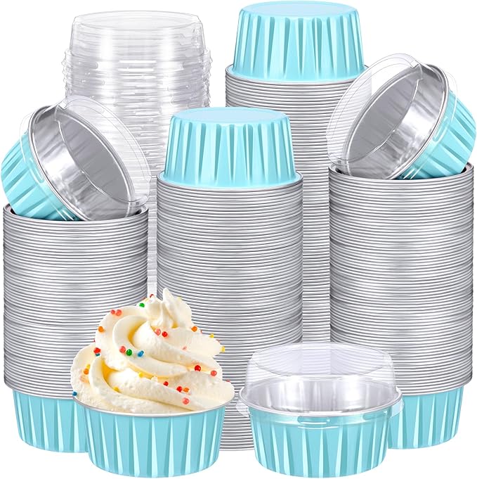 Gejoy 400 Pcs Aluminum Foil Baking Cups with Lids 5 oz Disposable Ramekins Mini Cake Pans Creme
