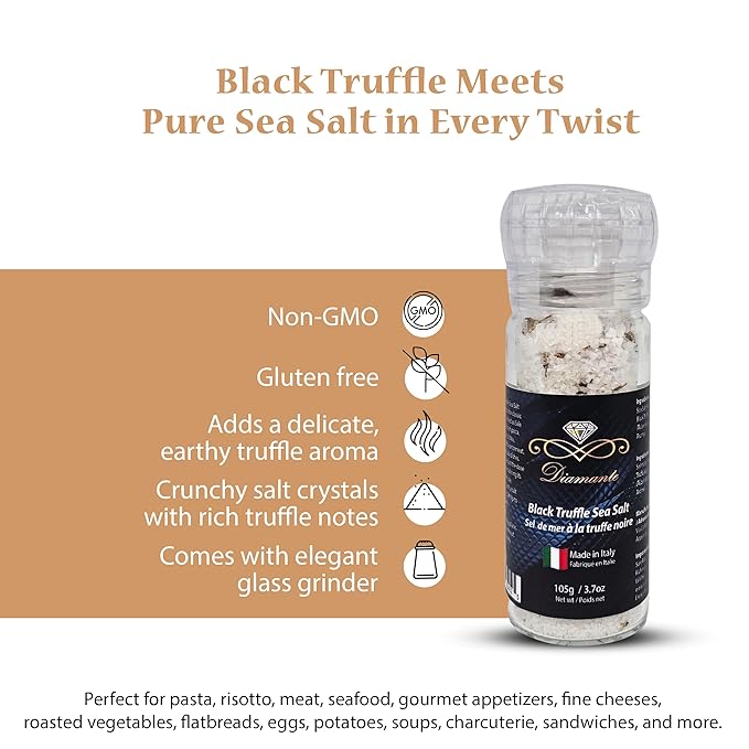 Diamante Italy Black Truffle Sea Salt with Glass Grinder - Gourmet Truffle Salt Seasoning