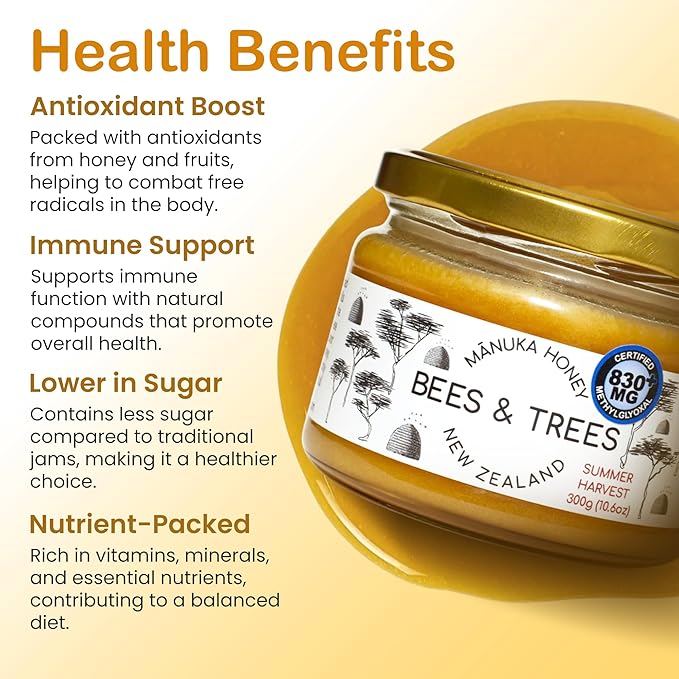 Bees & Trees Manuka Honey 830+ MGO – Pure New Zealand Raw Monofloral Honey – Unpasteurized &