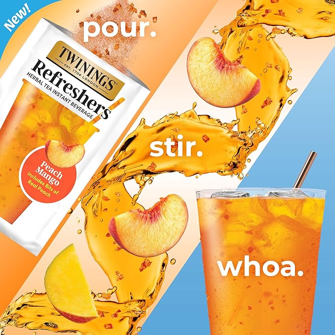 NEW Twinings Peach Mango Refreshers, Herbal Tea Instant Beverage with Real Peach Fruit Bits, 5