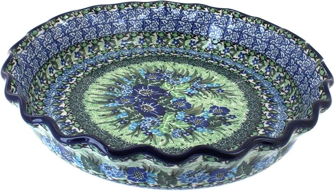 Blue Rose Polish Pottery - Blue Sapphire Fields Pie Plate - 10" Diameter - Ceramic Baking Dish, For