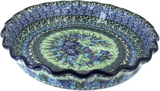 Blue Rose Polish Pottery - Blue Sapphire Fields Pie Plate - 10" Diameter - Ceramic Baking Dish, For