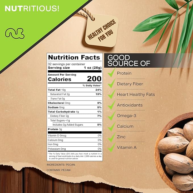 NUT CRAVINGS - Raw Hard Shell Pecans, (32oz - 2 LB) Bulk Nuts Packed Fresh in Resealable Bag