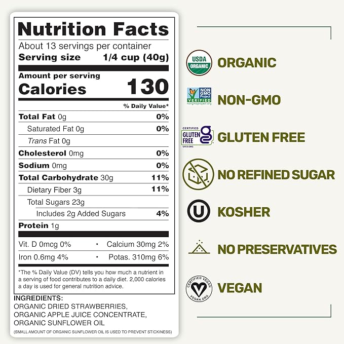 Happy Village Organic Whole Dried Strawberries, 18 OZ Resealable Pack- Soft & Juicy, Kosher