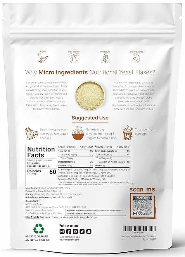 Organic Non-Fortified Nutritional Yeast Flakes, 2 Pounds (32oz) | Rich in Vegan Protein, B Vitamins