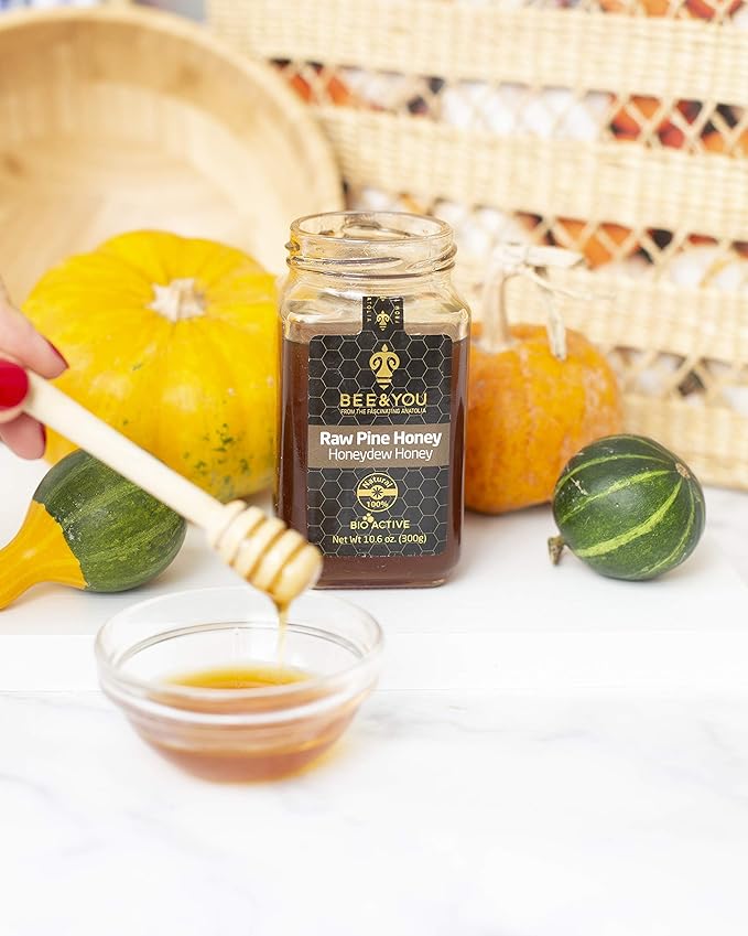 BEE and YOU Pine Raw Honey, Honeydew Honey, Wild-crafted, 100% Natural, Unprocessed, Enzymes