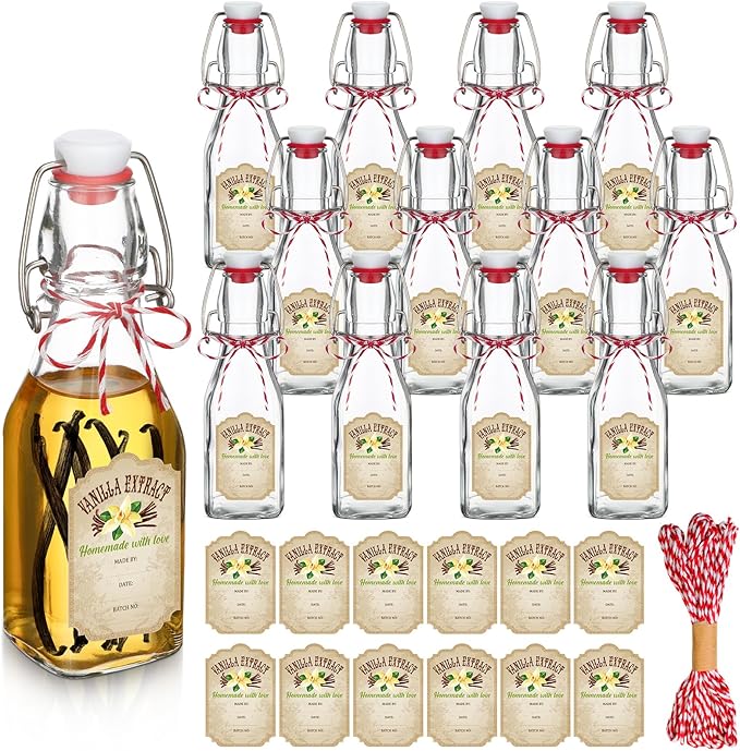 Uiifan 12 pcs 4 oz Swing Top Clear Square Glass Bottles For Vanilla Extract with Caps and Cotton