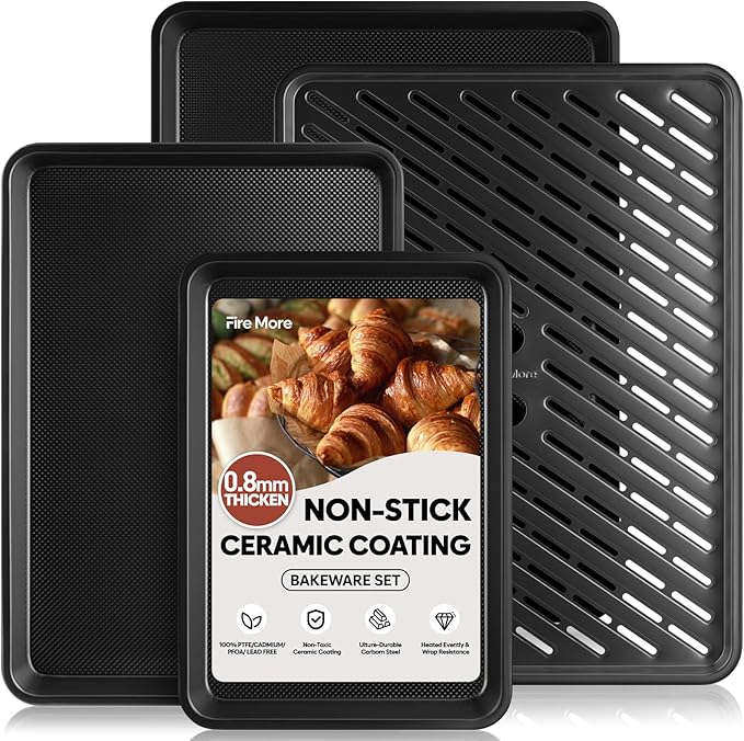 4 Pack Baking Sheet Pan Set Non Stick, Carbon Steel Cookie Sheets for Baking with Wire Rack